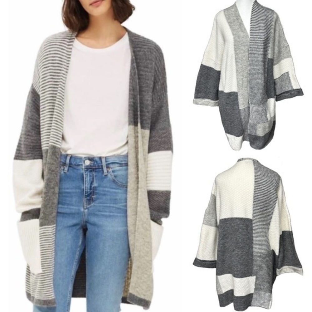Topshop Patchwork Colorblock Oversized Grandpa Long Cardigan Sweater Gray US 4